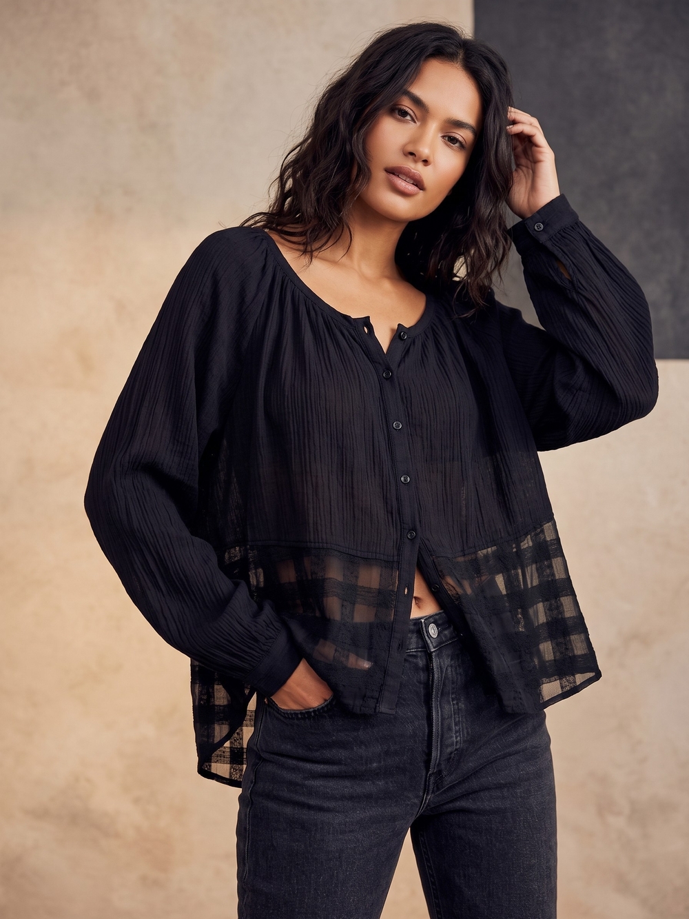 Free People Black Boho Sheer Plaid Mesh Button Down Swing Blouse Top S